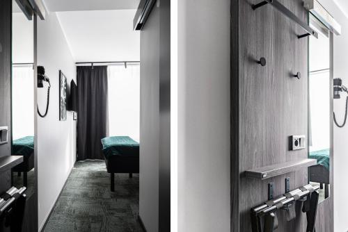 two pictures of a room with a bedroom at Hotel Fridhem in Stockholm