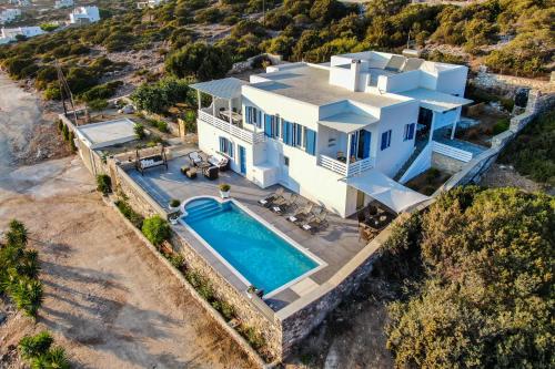 an aerial view of a house with a swimming pool at Villa Tani in Agios Georgios