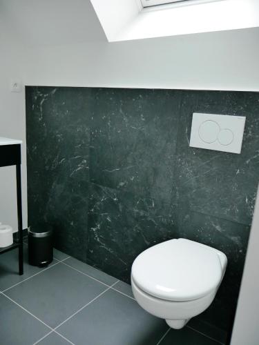 a bathroom with a white toilet and a green wall at KastellRen - Rennes - Grand parking privé in Rennes