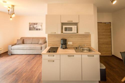 eine Küche mit einem Waschbecken und einem Sofa in einem Zimmer in der Unterkunft Nürburgring Aparts in Welcherath