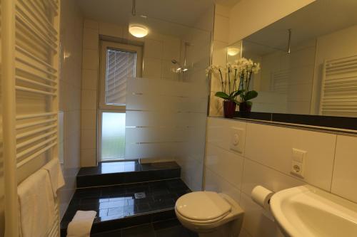 a bathroom with a toilet and a sink and a mirror at Parkhotel Stadthagen in Stadthagen