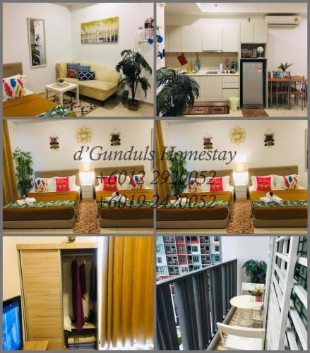 a collage of four pictures of a living room at Studio I-Soho D'Gunduls Homestay by DGH I-CITY in Shah Alam