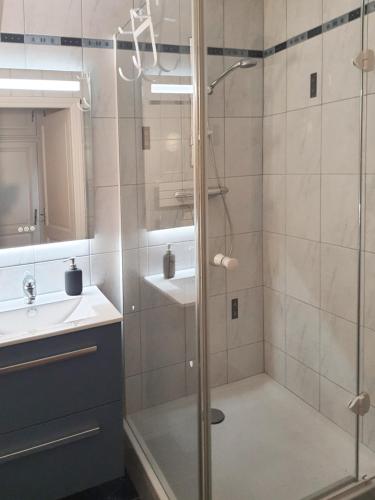 a bathroom with a shower and a sink at Happy family's nest in Munster