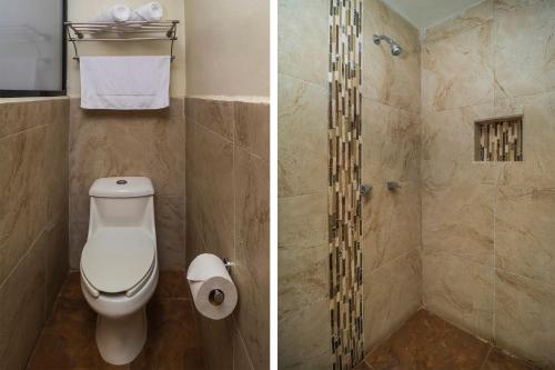 two pictures of a bathroom with a toilet and a shower at Hotel Pozo Viejo in Zacapoaxtla