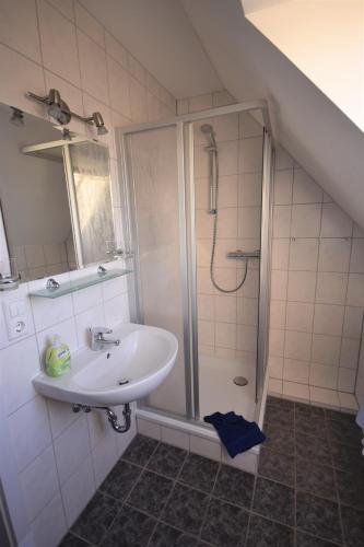 a bathroom with a sink and a shower at Beerenvilla in Kurort Altenberg