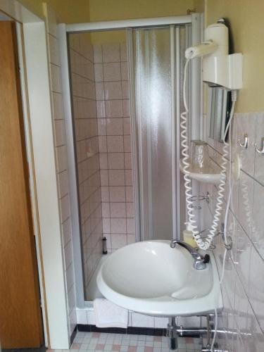 a bathroom with a shower with a sink and a tub at Hotel Weinhaus Am Stiftstor in Treis-Karden