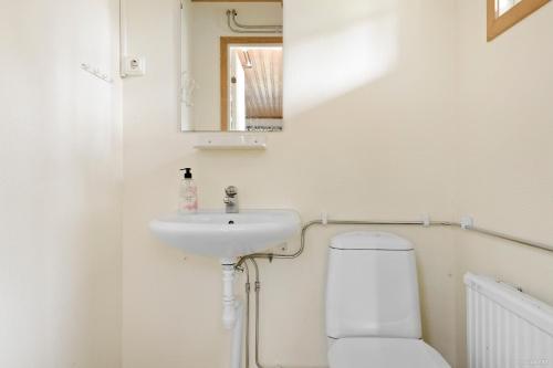 a bathroom with a toilet and a sink and a mirror at First Camp Mellsta-Borlänge in Borlänge