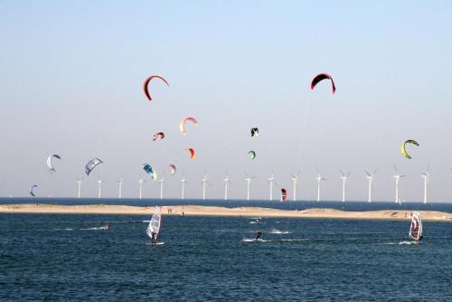 a bunch of kites flying over the water with windmills at Crowne Plaza Copenhagen Towers by IHG in Copenhagen