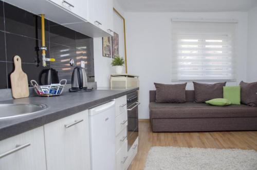 a kitchen with a sink and a couch in a room at Apartmani Balibeg in Sarajevo