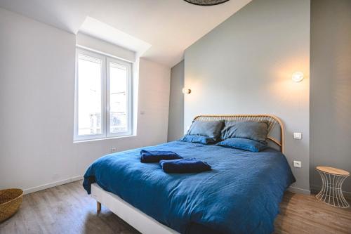 une chambre avec un lit avec des draps bleus et une fenêtre dans l'établissement SAINT JACQUES - Logement Climatisé en Centre Ville, à Reims