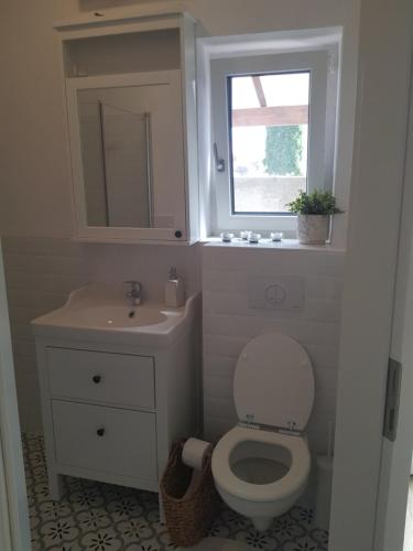 a bathroom with a toilet and a sink and a window at Kislak a Pilisben - Budapest vonzásában in Pilisvörösvár
