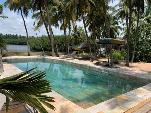 a large swimming pool with palm trees and a gazebo at Natura luxury red house in Ouidah