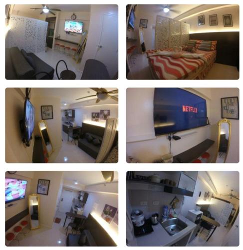 4 fotos diferentes de una sala de estar y un dormitorio en Cityland Tagaytay Prime AMAZING 1 HOMES, en Tagaytay
