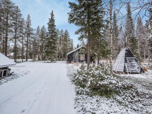 une route enneigée menant à une cabine dans l'établissement Holiday Home Harpan maja-mesimarja by Interhome, à Äkäslompolo