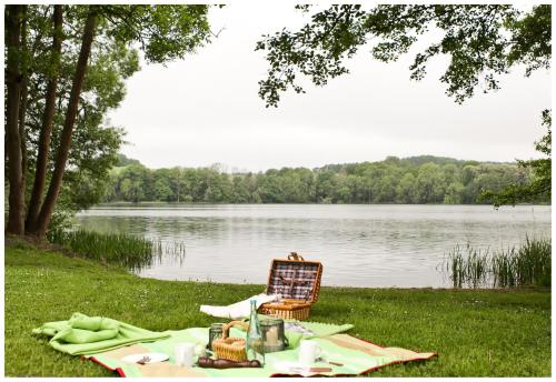 a picnic table with a chair next to a lake at Seeschloss Schorssow in Schorssow