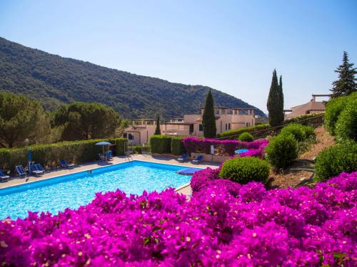 a pool with purple flowers in front of a house at Apartment Terrazza Cala Rossa by Interhome in Nisporto