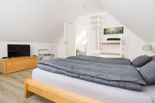 a bedroom with a large bed and a tv at Gästezimmer Gutshof Bestenbostel Eine Oase der Ruhe in Wedemark