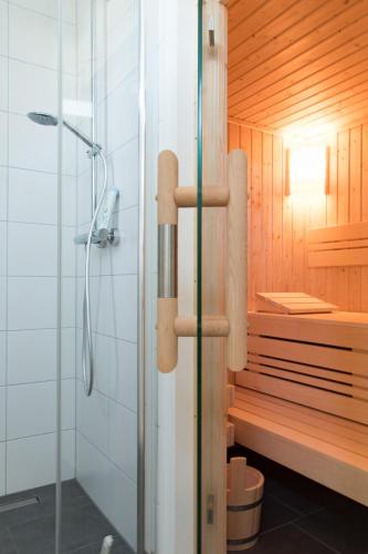 a bathroom with a sauna with a shower at Ferienhaus Lagom in Parow