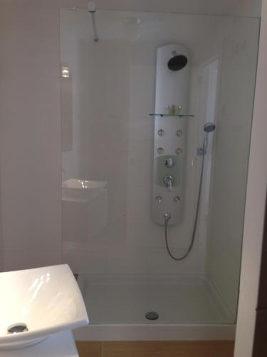 baño blanco con ducha y lavamanos en Apartamento Casa Francho, en Panticosa