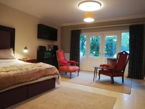 una camera con un letto e due sedie e un tavolo di 1 bed studio a Castlebar