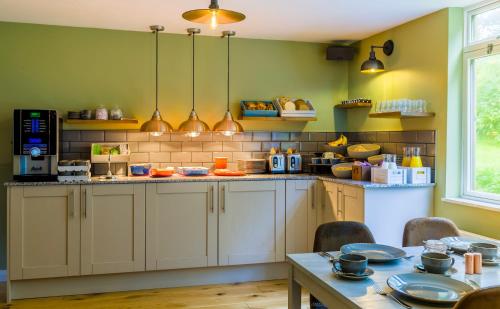 uma cozinha com paredes verdes e uma mesa com cadeiras em The Garden House B&B em Bristol