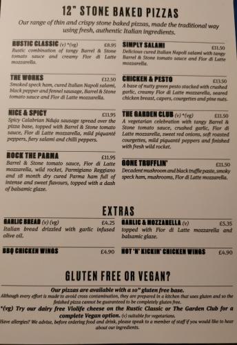 a menu for the gluten free or vegan restaurant at The Rifle Volunteer in Ware