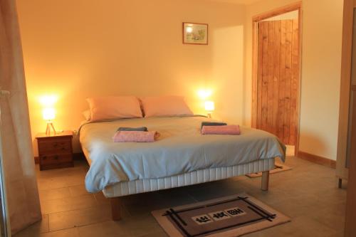 a bedroom with a bed with two lamps on it at Gîtes de Peyrounou in Lacapelle-Biron