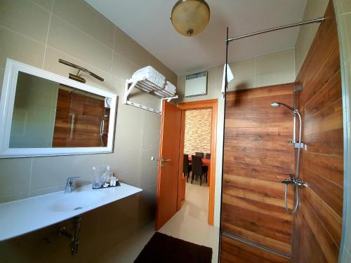 a bathroom with a shower and a sink and a mirror at Boutique Hotel Bora & Villas Garamm in Pakoštane