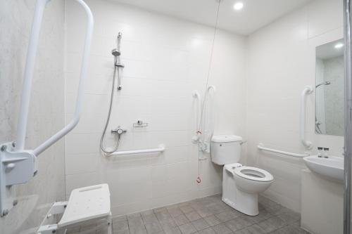 a bathroom with a shower and a toilet and a sink at Strangford Arms Hotel in Newtownards
