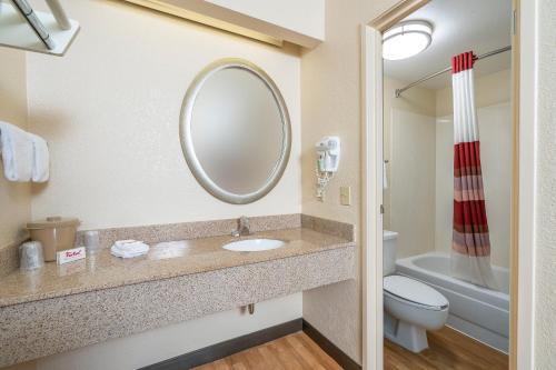 a bathroom with a sink and a toilet and a mirror at Red Roof Inn Cleveland Airport - Middleburg Heights in Middleburg Heights