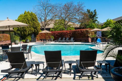 a swimming pool with chairs and umbrellas next to at Hotel Piccadilly in Fresno