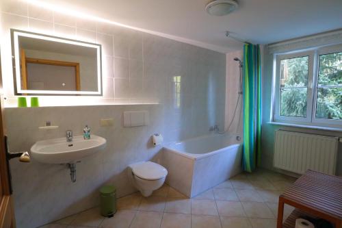 y baño con bañera, lavabo y aseo. en Landhaus Angelika, en Struppen