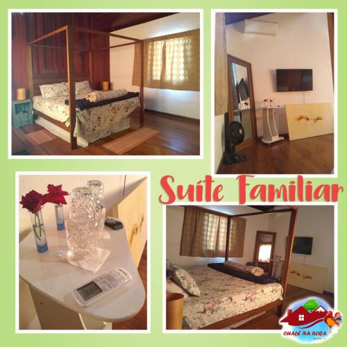 a collage of four pictures of a room with two beds at Pousada Chalé na Roça Penedo in Penedo