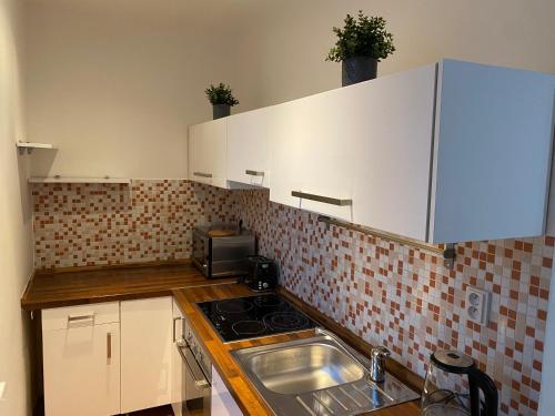 a small kitchen with a sink and a microwave at SATYS Apartments in Ostrava