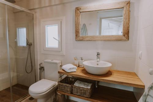 a bathroom with a sink and a toilet and a mirror at ERIEL Boutique Apartments in Lefkada Town