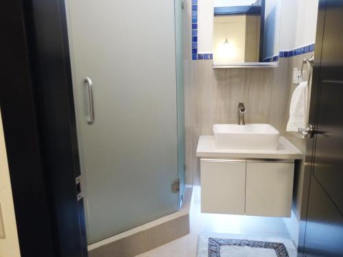 a bathroom with a sink and a shower at Blue Star Apartments & Hotel in Lance aux Épines