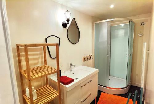 W łazience znajduje się biała umywalka i prysznic. w obiekcie Maison de ville avec terrasse et jardin w mieście Reims