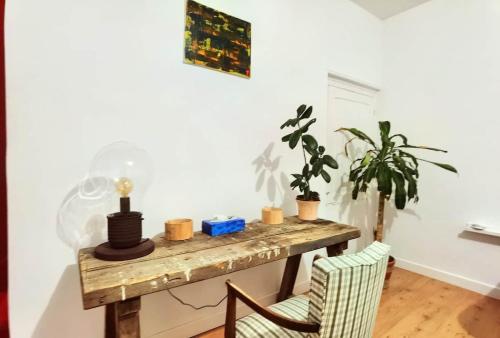 stół w pokoju z dwoma krzesłami i rośliną w obiekcie Maison de ville avec terrasse et jardin w mieście Reims