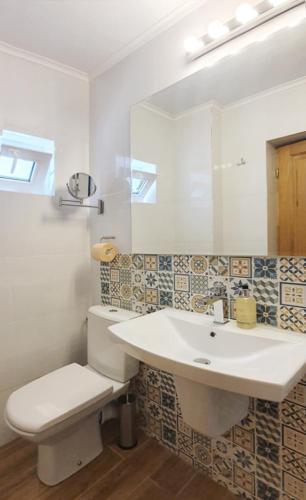 a bathroom with a sink and a toilet and a mirror at Casa Romaneasca in Curtea de Argeş
