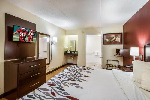 a hotel room with a large bed and a television at Red Roof Inn Saginaw – Frankenmuth in Saginaw
