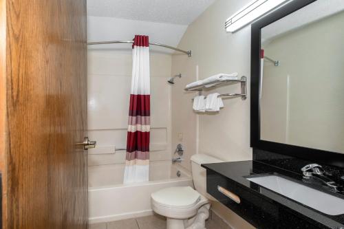 a bathroom with a shower, toilet, sink and mirror at Red Roof Inn Springfield, MO in Springfield