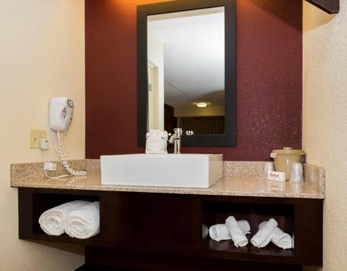 a bathroom with a sink and a mirror and towels at Red Roof Inn PLUS+ Columbus - Dublin in Dublin
