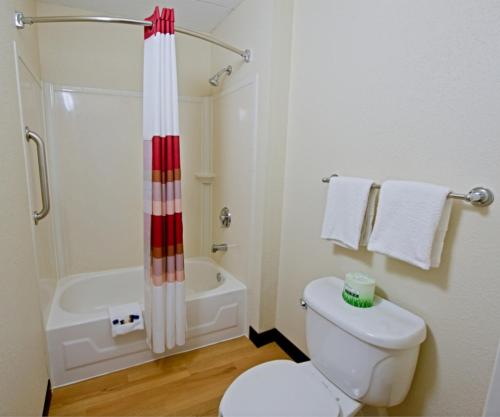 a bathroom with a white toilet and a shower at Red Roof Inn Erie – I-90 in Erie
