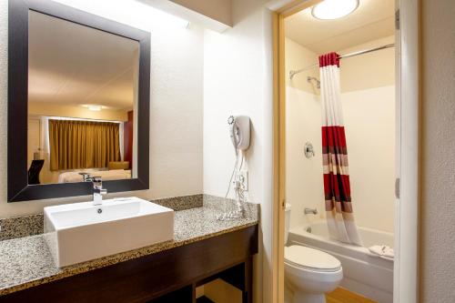 a bathroom with a sink and a toilet and a mirror at Red Roof Inn PLUS+ Washington DC - Manassas in Manassas