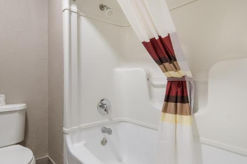 a bathroom with a toilet and a shower curtain at Red Roof Inn Fort Worth South in Fort Worth