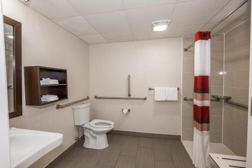 a bathroom with a toilet and a sink and a shower at Red Roof Inn PLUS+ Poughkeepsie in Poughkeepsie