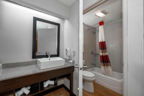 ein Badezimmer mit einem Waschbecken, einem WC und einem Spiegel in der Unterkunft Red Roof Inn Mt Laurel in Mount Laurel