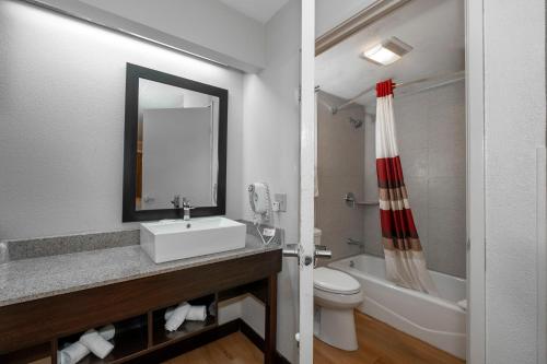 y baño con lavabo, aseo y espejo. en Red Roof Inn Mt Laurel, en Mount Laurel