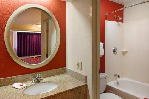 a bathroom with a sink and a mirror and a toilet at Red Roof Inn Washington DC - Columbia/Fort Meade in Jessup