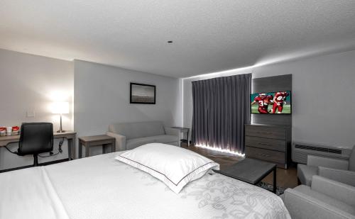 a bedroom with a bed and a desk and a television at Red Roof Inn PLUS Boston - Mansfield - Foxboro in Mansfield